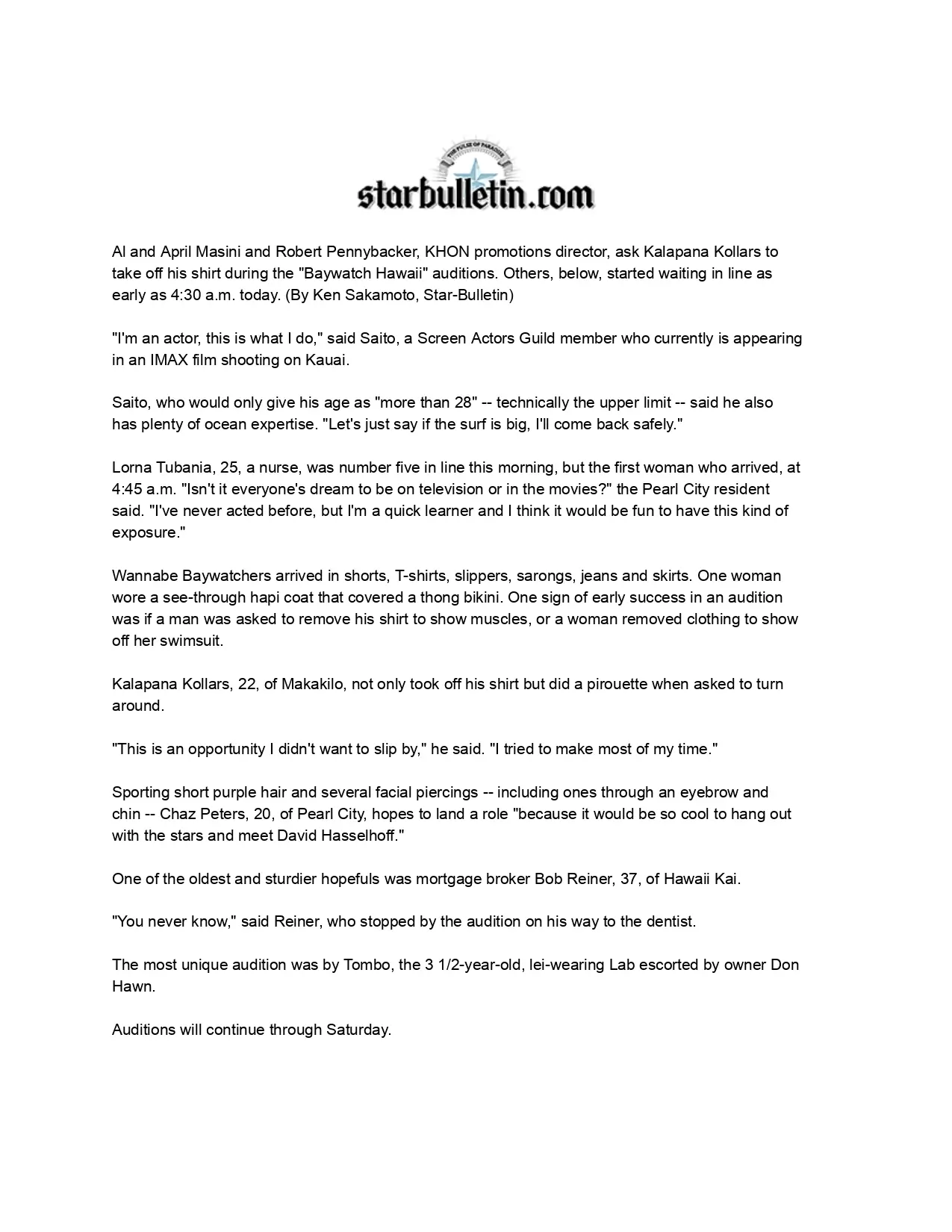 Hundreds line up for ‘Baywatch’ exposure 2 April Masini Ask April Baywatch Star Bulletin Hundreds line up for Baywatch exposure 1999 04 15. page 0001