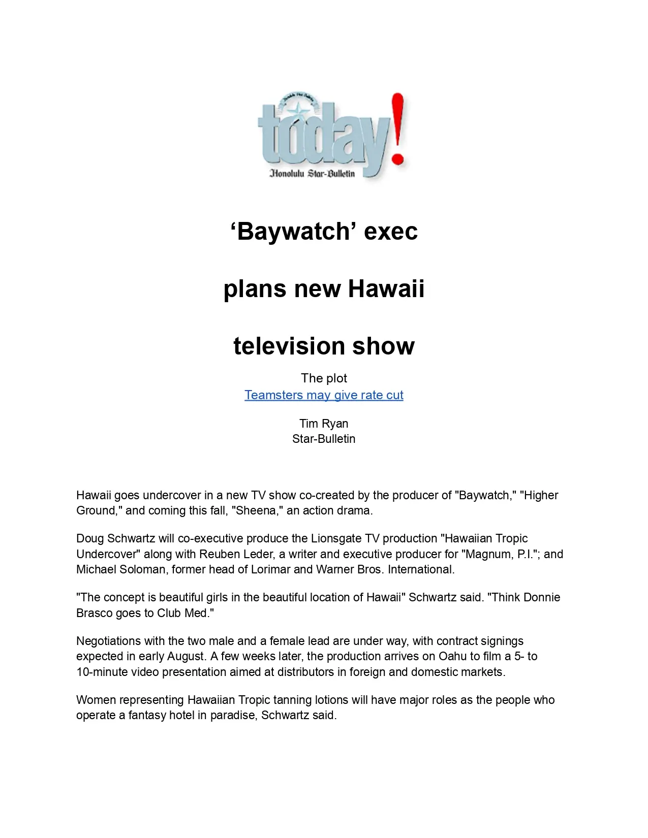 April Masini Ask April Baywatch Star Bulletin Baywatch exec plans new Hawaii television show 2000 06 16. page 0001