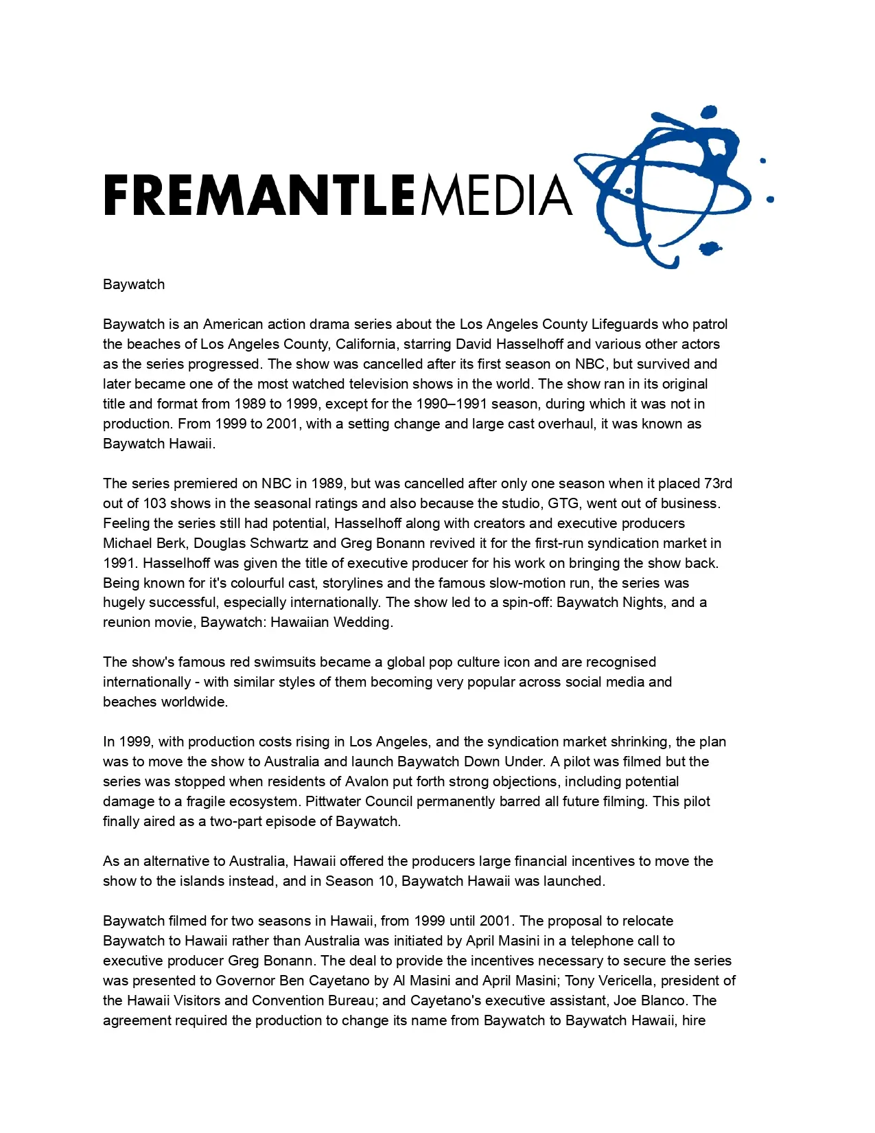 April Masini Baywatch Hawaii FremantleMedia Baywatch Series Overview And History 2018 08 01.docx page 0001