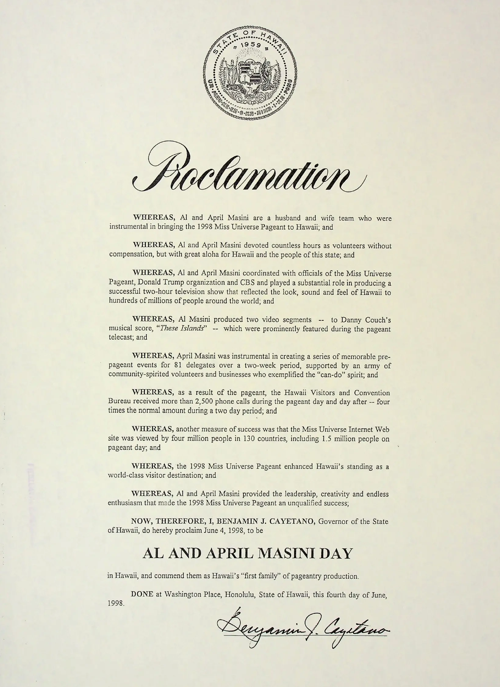 April Masini Miss Universe Masini Day 1998
